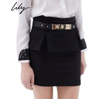 lily丽丽 欧美通勤时尚花边纯色半身裙短裙 113340E6352 58黑 S