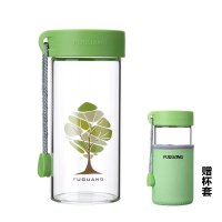 富光(FUGUANG)玻璃杯G1503-380 380ml单层玻璃杯 男女士便携随手玻璃水杯泡茶杯 带杯套情侣水杯子 苹果绿