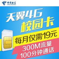 铜陵天翼4G校园卡（9元/月=100分钟本地长市话+300M省内流量）