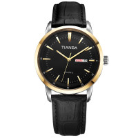 天霸(TIANBA)名仕系列男士手表 商务休闲皮带款双历手表 时尚情侣手表 石英表 男TM7019.01PK 黑色 黑色