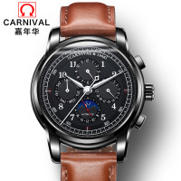 瑞士嘉年华Carnival新款手表男全自动机械表 男表多功能真皮带防水复古休闲时尚商务腕表潮流六针皮表带升级8781-1 棕带全黑