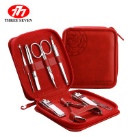 韩国777(THREE SEVEN)指甲刀套装正品指甲剪刀美甲组合指甲钳修脚刀剪脚趾甲死皮钳红色皮套银配件