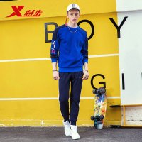 特步(Xtep)男运动套装正品2018秋冬新款针织加绒卫衣运动裤加大型薄款882429979310 兰色 3XL