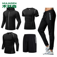 木林森(MULINSEN)健身服套装男五件套健身房训练服跑步速干运动服篮球紧身衣 黑色 3XL