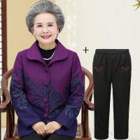 迪鲁奥（DILUAO)老太太衣服女60-70-80岁奶奶秋装外套中老年秋冬上衣妈妈装两件套_591 紫色底树叶(衣服+裤子) XXL(建议100-120斤)