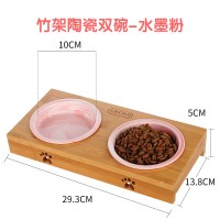 宠物喂食猫碗狗狗碗不锈钢狗盆双碗猫粮食盆食碗狗粮饭盆猫咪用品 通用型 竹架陶瓷双碗水墨粉