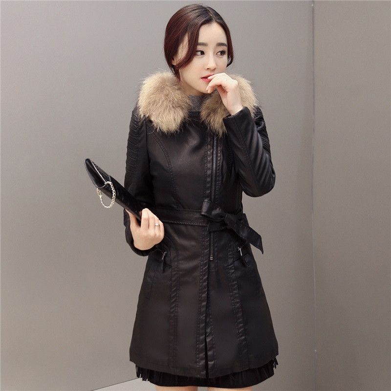c16秋冬新款女士真毛领皮衣棉衣女加厚皮外套女中长款修身显瘦皮大衣