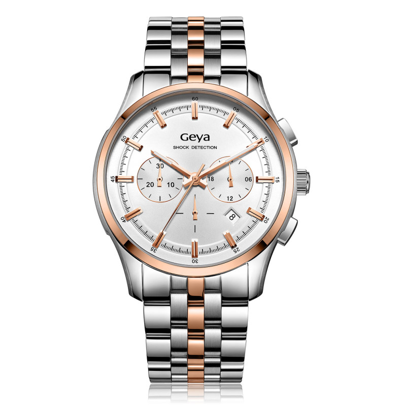 geya格雅男士多功能运动男表三眼钢带防水潮流石英表g05011ghw玫瑰间