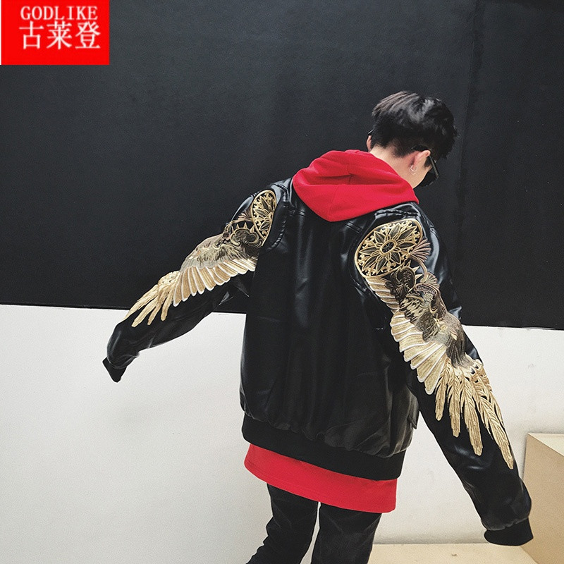 古莱登pgone小鬼gai吴亦凡tt热狗bridge同款刺绣皮衣外套男 xl 黑色