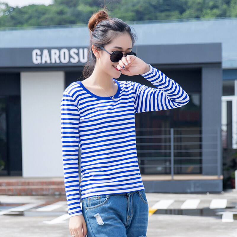 季海魂衫女纯棉长袖情侣装修身蓝白条纹海军风t恤打底衫 xl 天蓝色