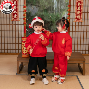 史努比拜年服套装卫衣男宝宝中国风女童过年喜庆新年衣服 SXM592