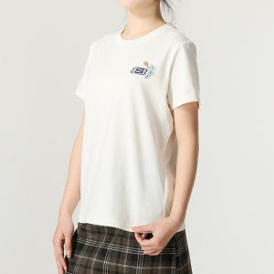 Skechers斯凯奇女子新款花朵刺绣潮流百搭休闲短袖T恤L223W125-0074 ZP