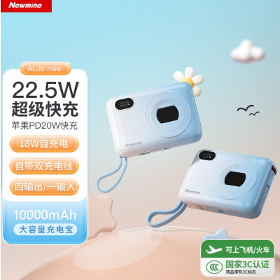 纽曼(Newmine)充电宝自带线 10000毫安时便携移动电源22.5W超级快充轻薄多 口电源 AL38
