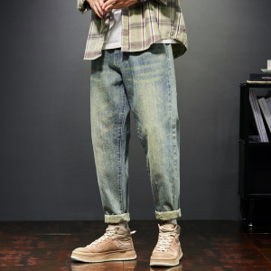 美式复古牛仔裤男士秋季潮牌设计感拼接宽松直筒哈伦工装长裤子