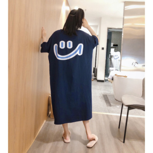 韩国大码T恤女装夏季中长款笑脸短袖打底衫女宽松开叉连衣裙