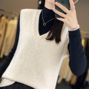 春秋V领叠穿马甲女秋冬宽松外穿百搭针织打底加厚慵懒风毛衣背心