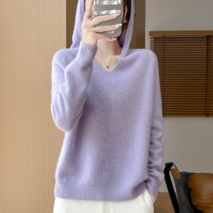 秋冬新款无缝一体桂花针设计羊毛帽衫女士七针加厚针织上衣