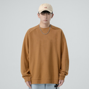 纯色卫衣男春秋季新款韩版直条提花布上衣圆领宽松纯棉打底衫男装