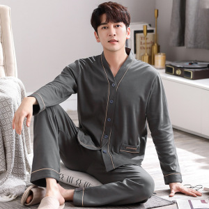 春秋款睡衣男士棉质长袖青年休闲开衫V领宽松大码秋季家居服套装