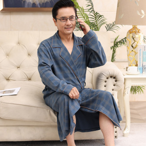 男士秋冬季长袖棉质睡袍中老年爸爸宽松大码中长款浴袍家居服睡衣