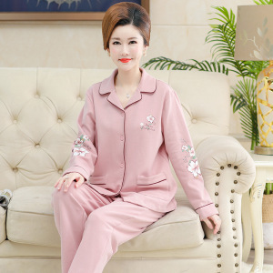 秋冬季新款中老年妈妈睡衣女开衫翻领棉质长袖宽松大码家居服套装