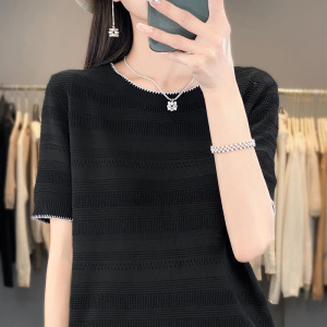 冰丝小别致小衫T恤女短袖夏季韩版时尚镂空针织衫显瘦上衣女