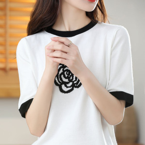 山茶花针织短袖女春夏新款圆领透气T恤冰丝撞色打底修身显瘦上衣