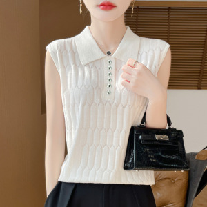 精纺羊毛POLO领针织背心宽松无袖内搭镂空上衣2025年春季新款坎肩