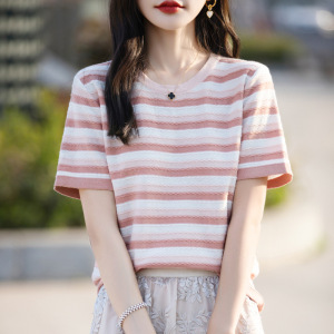 夏季新款棉短袖女薄款透气日系甜美条纹半袖百搭显瘦针织衫T恤