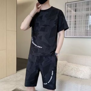 冰丝休闲运动套装男扎染印花短袖短裤两件套