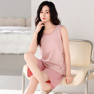 夏季莫代尔睡衣女背心短裤带胸垫套装休闲宽松无袖睡衣大码可外穿