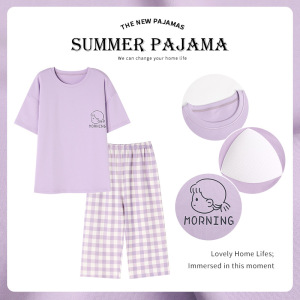带胸垫睡衣女夏季短袖七分裤棉质可爱家居服两件套装韩版宽松大码