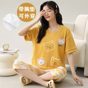 带胸垫睡衣女夏季短袖七分裤棉质可爱家居服两件套装韩版宽松大码