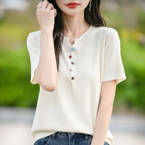 女夏季彩色纽扣V领短袖T恤针织衫2025新款短款辣妹风修身显瘦上衣