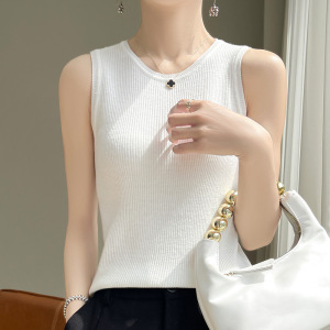 春夏新款低圆领女士精纺针织无袖背心轻薄透气宽肩带设计套头内搭