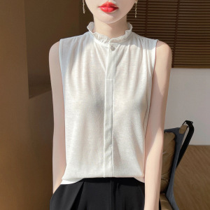 精纺针织吊带背心女花边半高领无袖宽松西装内搭打底衫上衣