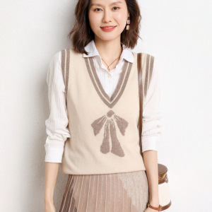 针织马甲女V领山羊绒拼色提花韩版外搭时尚休闲背心毛线坎肩