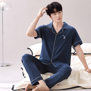 A类40S莫代尔男士睡衣夏款冰丝凉感轻薄款短袖开衫大码家居服套装