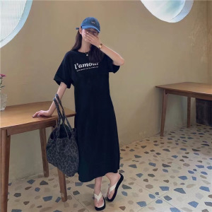 韩国大码T恤女装夏季短袖休闲宽松连衣裙女胖mm洋气过膝懒人裙子