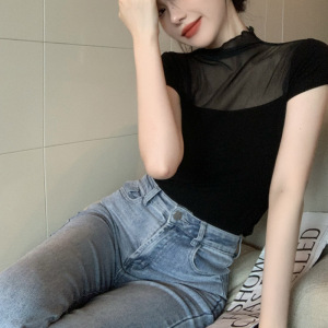 黑色网纱微透蕾丝拼接T恤设计感夏季新款辣妹修身时尚短袖上衣女