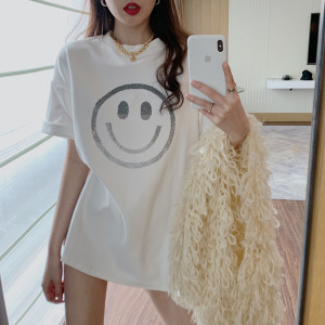 短袖T恤女夏季韩版新款中长款宽松笑脸圆领女装上衣
