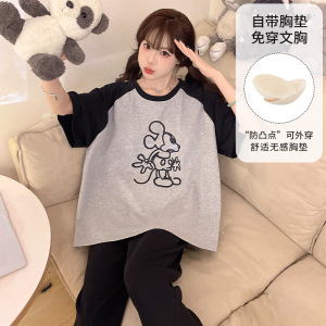 夏季女士仿棉睡衣带胸垫短袖长裤俩件套卡通可爱休闲风家居服套装