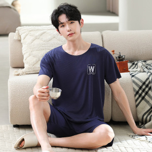 夏季男士新款冰丝睡衣薄款短袖短裤套装青少年休闲简约家居服大码