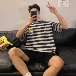 男士睡衣夏季仿棉短袖韩版卡通青少年休闲宽松外穿短裤家居服套装
