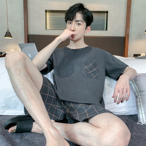 男士睡衣男款夏季棉质短袖套头圆领加肥加大码家居服夏天薄款套装