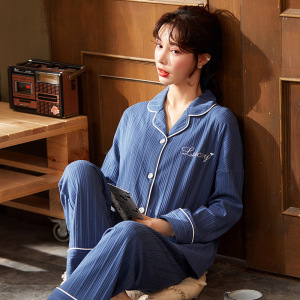 睡衣女士秋冬季棉质长袖开衫翻领华夫格家居服卡通甜美套装可外穿