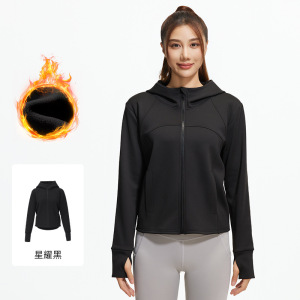 秋冬加绒连帽外套女宽松加绒加厚时尚口袋瑜伽外套