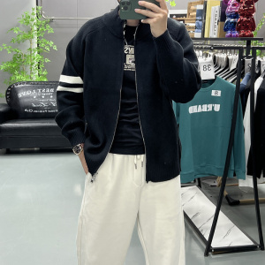 秋冬季开衫毛衣时尚潮流双杠条外套青年上衣青春潮流百搭