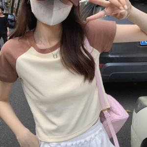 含棉 复古撞色修身短款夏季新款甜辣妹短袖T恤女潮流圆领上衣
