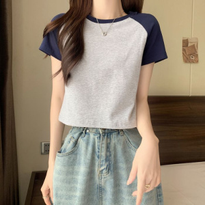 含棉 复古撞色修身短款夏季新款甜辣妹短袖T恤女潮流圆领上衣